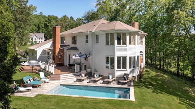 3 Inwood Ln, Woodbury, CT 06798 - rear view of house featuring a chimney, a wooden deck, and a patio area