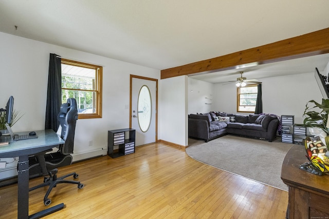 49 First Ave, Enfield, CT 06082 - office area with light wood-type flooring, baseboard heating, beam ceiling, and a ceiling fan