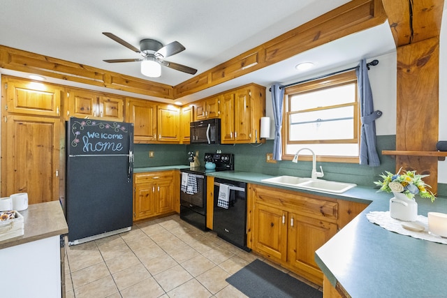 49 First Ave, Enfield, CT 06082 - kitchen with black appliances, a sink, backsplash, light tile patterned floors, and brown cabinetry