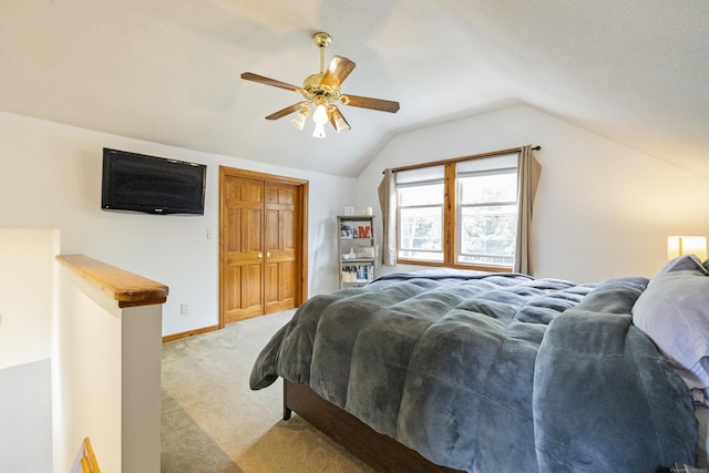 49 First Ave, Enfield, CT 06082 - bedroom featuring carpet flooring, lofted ceiling, ceiling fan, baseboards, and a closet