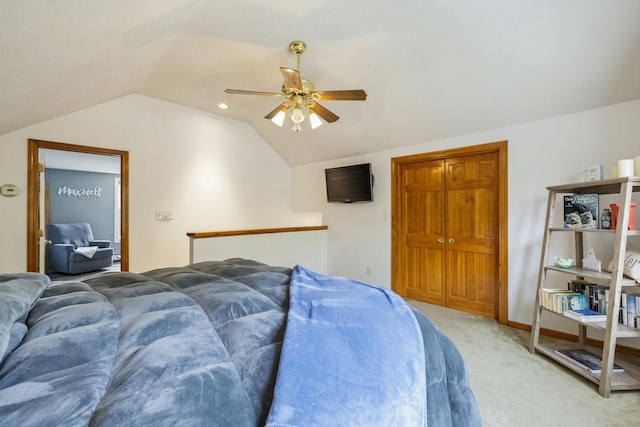 49 First Ave, Enfield, CT 06082 - bedroom featuring lofted ceiling, light colored carpet, a closet, and a ceiling fan