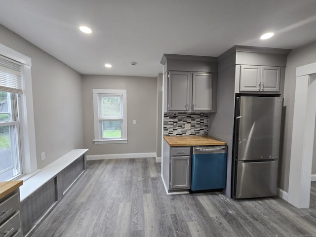 11 Caya Ave, West Hartford, CT 06110 - kitchen featuring freestanding refrigerator, dishwasher, wood counters, gray cabinets, and dark wood-style flooring