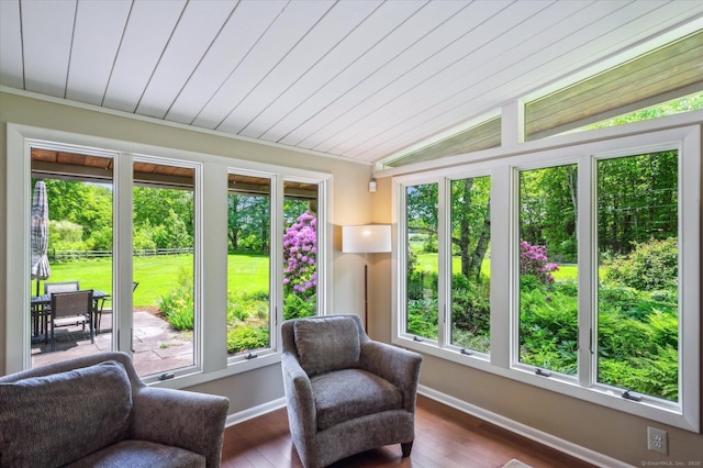 7 Sugar Loaf Cut, Simsbury, CT 06092 - sunroom with lofted ceiling, wooden ceiling, baseboards, and wood finished floors