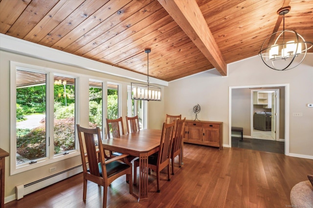 7 Sugar Loaf Cut, Simsbury, CT 06092 - dining space with a chandelier, plenty of natural light, wooden ceiling, a baseboard radiator, and hardwood / wood-style flooring