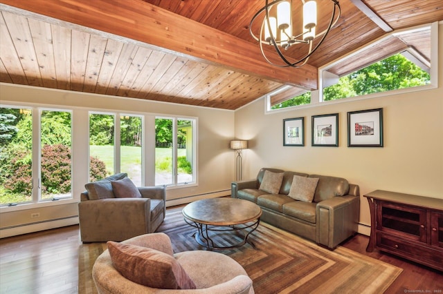 7 Sugar Loaf Cut, Simsbury, CT 06092 - living room featuring wooden ceiling, a baseboard radiator, a chandelier, and wood finished floors