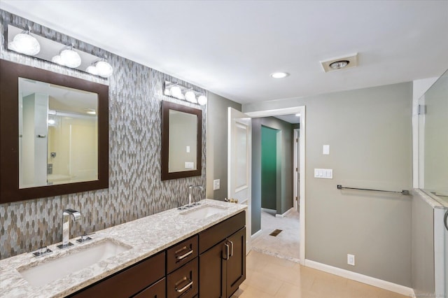 7 Sugar Loaf Cut, Simsbury, CT 06092 - full bath featuring baseboards, double vanity, wallpapered walls, tile patterned floors, and recessed lighting