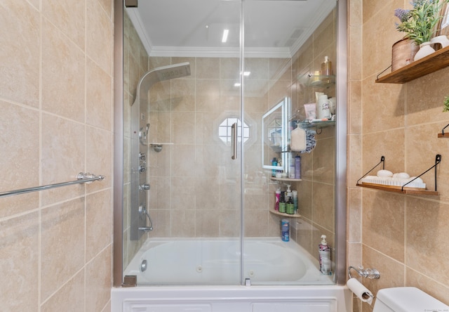 1095 Hope St Unit B, Stamford, CT 06907 - full bath with tile walls, ornamental molding, combined bath / shower with glass door, and toilet