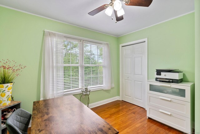 114 Ives Ave, Meriden, CT 06450 - office area featuring ceiling fan, ornamental molding, wood finished floors, and baseboards