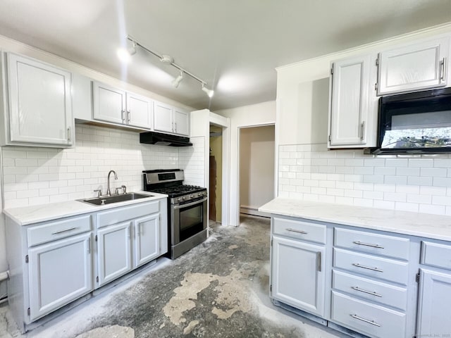 265 Marina Dr, Stratford, CT 06614 - kitchen featuring stainless steel gas range, a sink, concrete floors, black microwave, and under cabinet range hood
