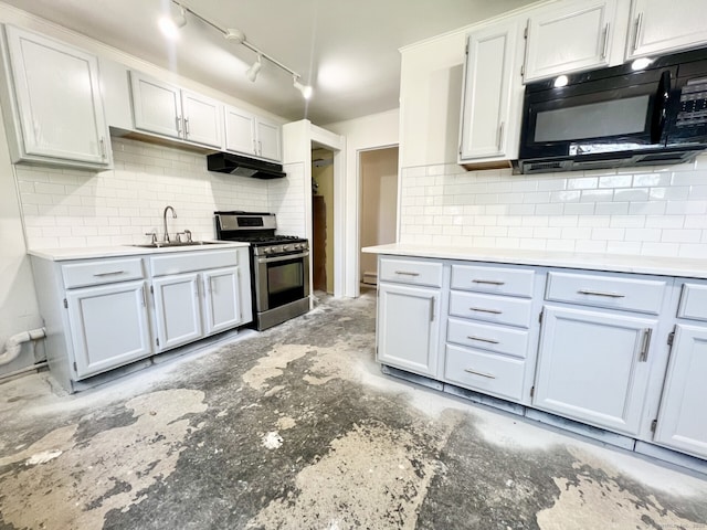 265 Marina Dr, Stratford, CT 06614 - kitchen with gas range, black microwave, a sink, under cabinet range hood, and tasteful backsplash