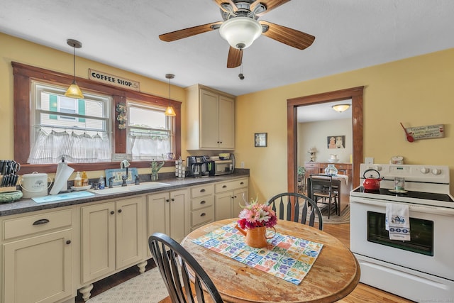 16 Reservoir Rd, Vernon, CT 06066 - kitchen featuring white range with electric cooktop, a sink, dark countertops, and decorative light fixtures