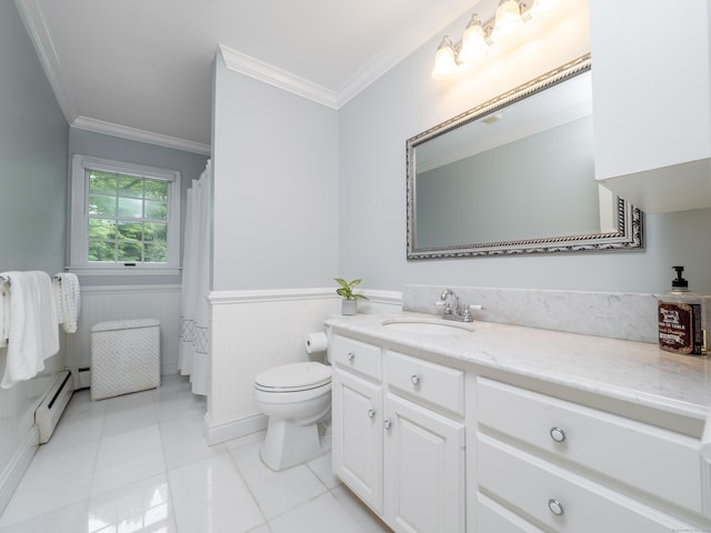 bathroom featuring a baseboard radiator, a wainscoted wall, toilet, ornamental molding, and vanity