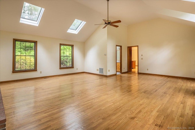 4665 Black Rock Tpke, Fairfield, CT 06824 - empty room with a skylight, light wood-style floors, high vaulted ceiling, baseboards, and ceiling fan