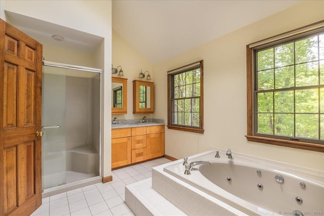 4665 Black Rock Tpke, Fairfield, CT 06824 - full bathroom featuring tile patterned flooring, lofted ceiling, a stall shower, a whirlpool tub, and double vanity