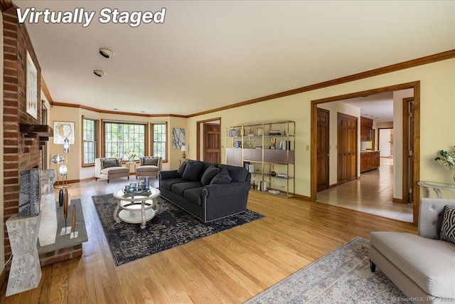 4665 Black Rock Tpke, Fairfield, CT 06824 - living area with baseboards, wood finished floors, ornamental molding, and a brick fireplace