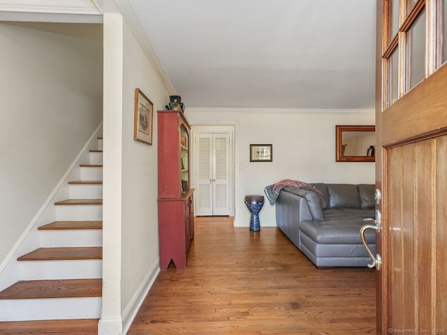 44 Meadow Ridge Dr, Easton, CT 06612 - living area with wood finished floors, stairway, ornamental molding, and baseboards