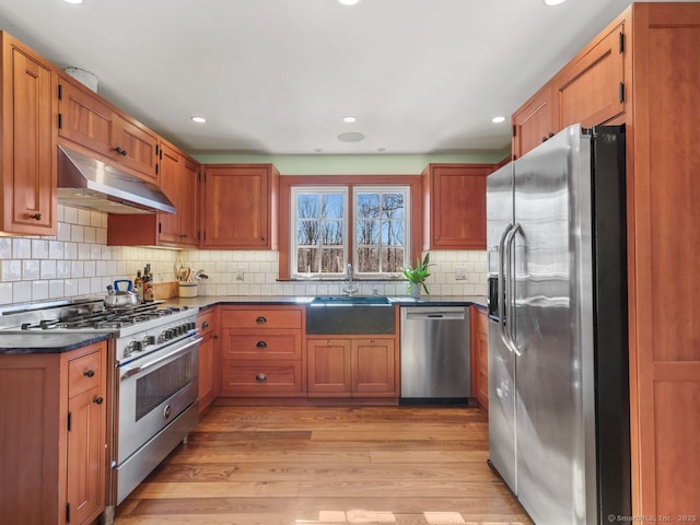 44 Meadow Ridge Dr, Easton, CT 06612 - kitchen featuring stainless steel appliances, under cabinet range hood, a sink, dark countertops, and light wood-style flooring
