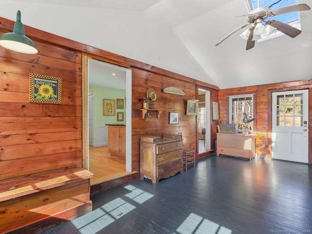44 Meadow Ridge Dr, Easton, CT 06612 - entrance foyer with wood walls, wood finished floors, a ceiling fan, and high vaulted ceiling