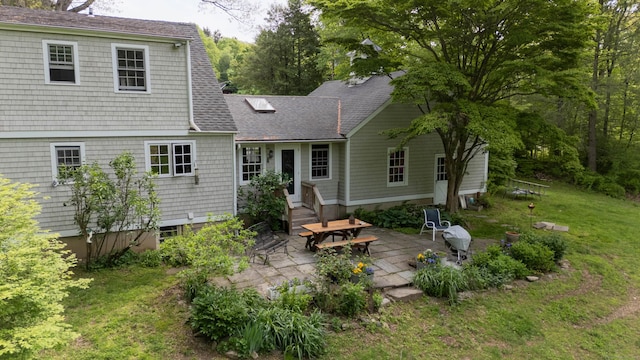 44 Meadow Ridge Dr, Easton, CT 06612 - back of house with a patio area, a yard, and roof with shingles