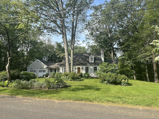 44 Meadow Ridge Dr, Easton, CT 06612 - cape cod house featuring a front lawn, a garage, and a chimney