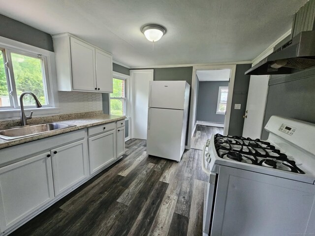 354 Clinton St, New Britain, CT 06053 - kitchen with white appliances, a sink, under cabinet range hood, dark wood-style floors, and white cabinets