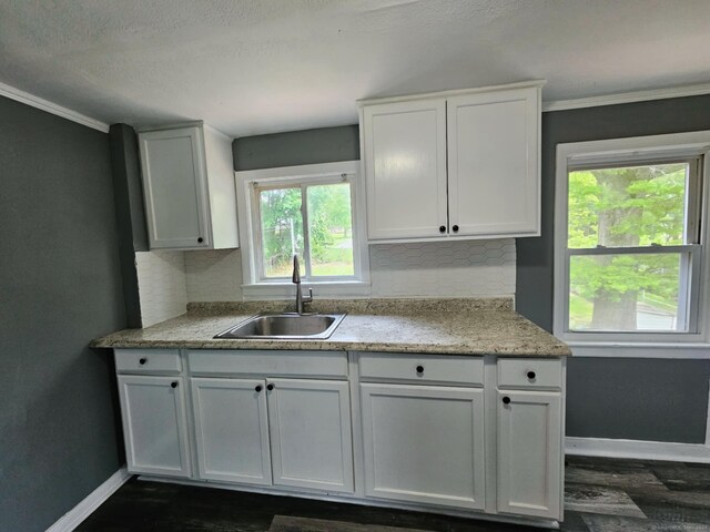 354 Clinton St, New Britain, CT 06053 - kitchen featuring a sink, baseboards, backsplash, dark wood-type flooring, and crown molding