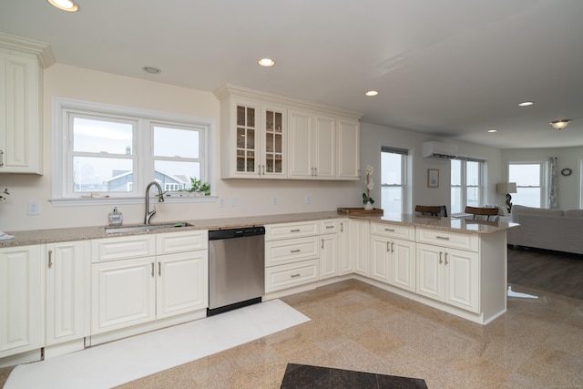22 Shore Rd, East Lyme, CT 06357 - kitchen featuring dishwasher, a wall mounted AC, recessed lighting, a peninsula, and granite floors