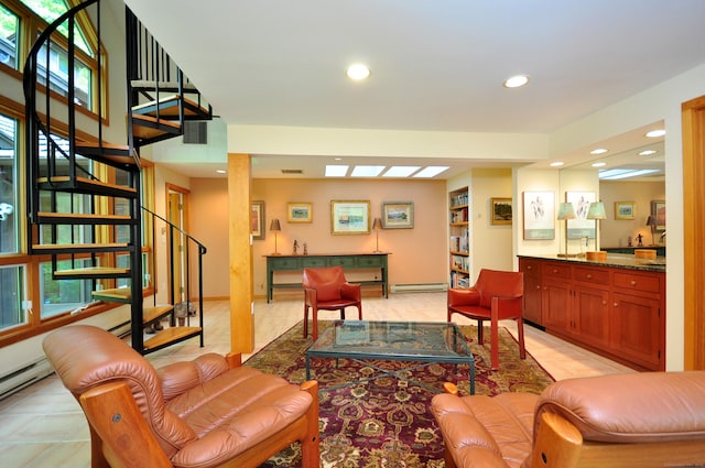 21 Bexley Ct, Goshen, CT 06756 - living area featuring stairs, baseboard heating, recessed lighting, and light tile patterned floors