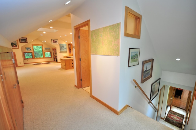 21 Bexley Ct, Goshen, CT 06756 - hall featuring an upstairs landing, light carpet, lofted ceiling, recessed lighting, and baseboards