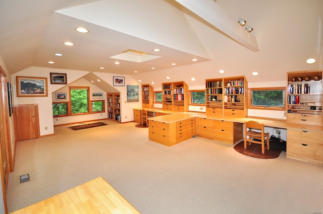 21 Bexley Ct, Goshen, CT 06756 - office area with lofted ceiling, carpet floors, recessed lighting, built in study area, and healthy amount of natural light