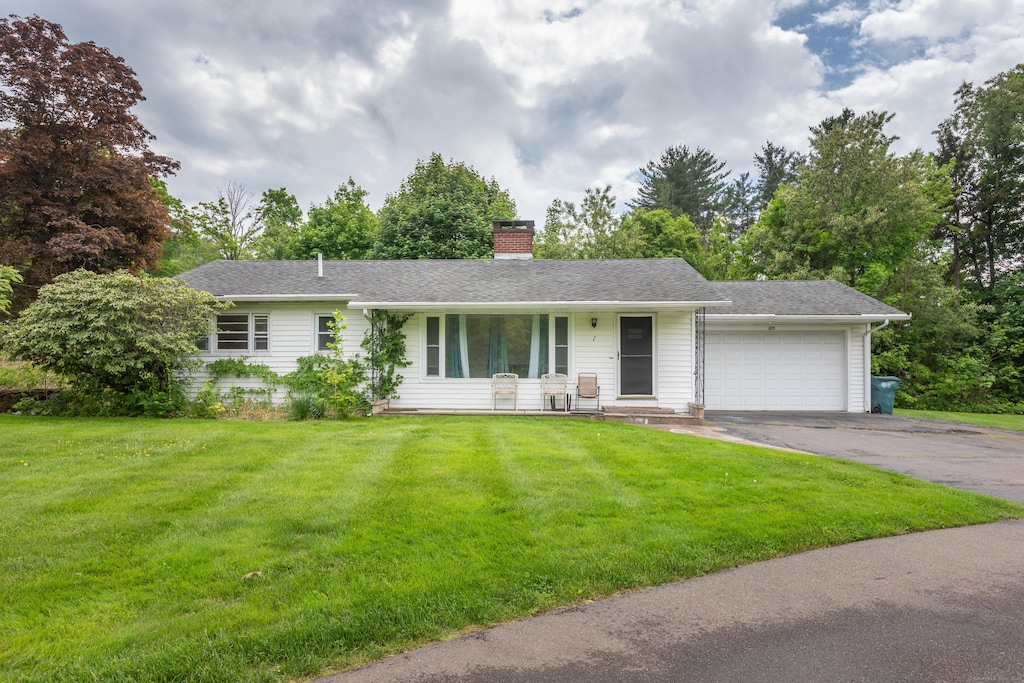 1 Knoll Dr, Hamden, CT 06518 - ranch-style home featuring a chimney, a garage, driveway, a porch, and a front yard
