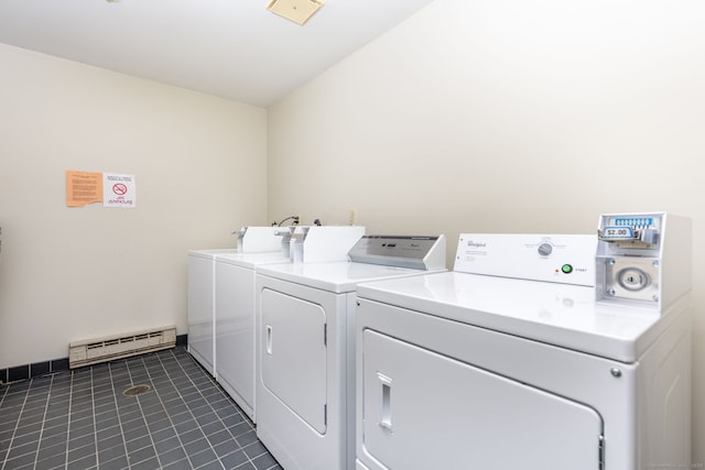 201 College St Unit 3, Middletown, CT 06457 - laundry room featuring separate washer and dryer, a baseboard radiator, and dark tile patterned floors