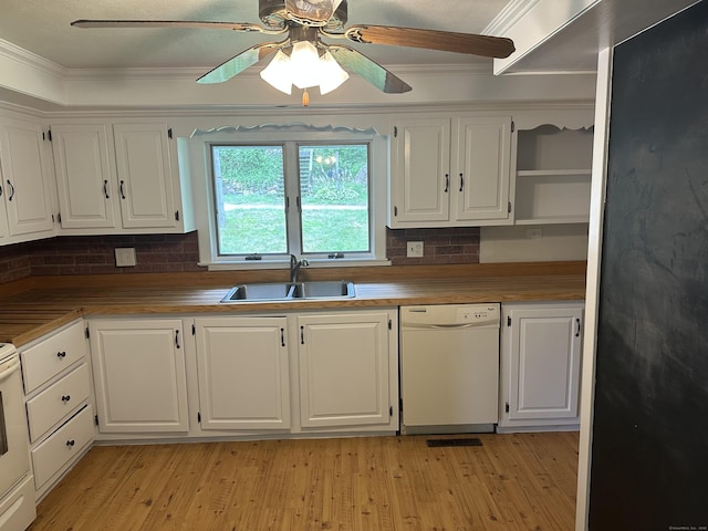114 Wildwood Rd, East Haddam, CT 06415 - kitchen featuring dishwasher, open shelves, a ceiling fan, white cabinets, and ornamental molding