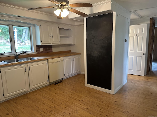 114 Wildwood Rd, East Haddam, CT 06415 - kitchen with dishwasher, white cabinetry, open shelves, light wood-style floors, and a ceiling fan