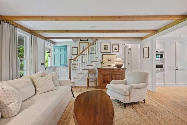 4 Budner Ln, Westport, CT 06880 - living room featuring light wood-style floors, beam ceiling, stairway, and recessed lighting
