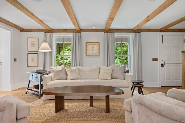 4 Budner Ln, Westport, CT 06880 - living room featuring baseboards, beamed ceiling, light wood-type flooring, and recessed lighting