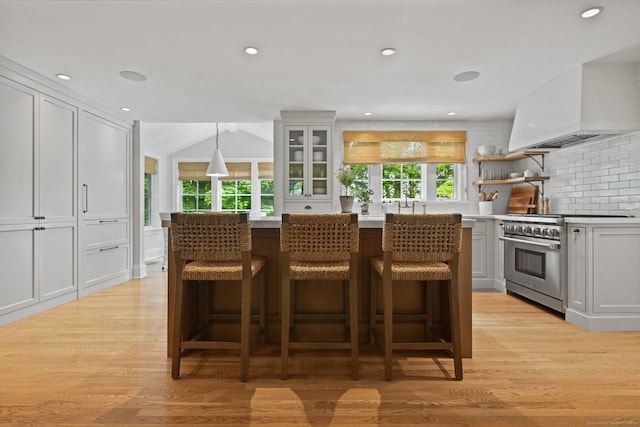 4 Budner Ln, Westport, CT 06880 - kitchen featuring high end stainless steel range oven, light wood-style flooring, healthy amount of natural light, decorative backsplash, and vaulted ceiling