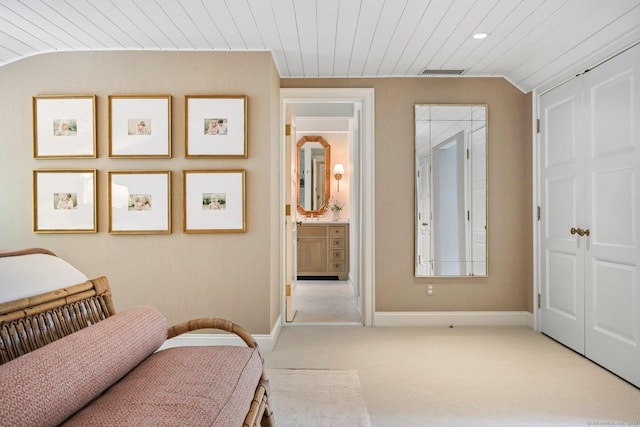 4 Budner Ln, Westport, CT 06880 - bedroom with carpet, baseboards, wooden ceiling, and lofted ceiling
