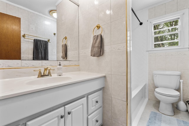 21 Cadwell Rd, Bloomfield, CT 06002 - full bathroom featuring tile walls, vanity, bathing tub / shower combination, tile patterned floors, and ornamental molding