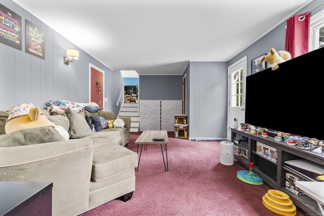 21 Cadwell Rd, Bloomfield, CT 06002 - living room featuring carpet, stairway, and a decorative wall