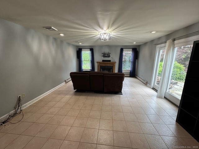 48 Bailey St, Trumbull, CT 06611 - living room featuring baseboards, a fireplace, recessed lighting, light tile patterned floors, and a baseboard radiator