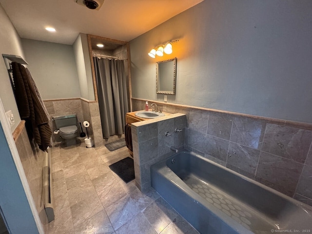 48 Bailey St, Trumbull, CT 06611 - bathroom featuring tile walls, toilet, wainscoting, a bath, and vanity