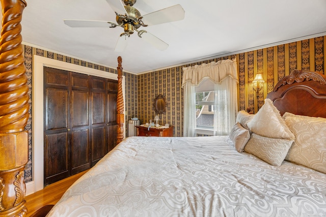 8 Usher Ave, Plainville, CT 06062 - bedroom featuring wallpapered walls, a closet, a ceiling fan, crown molding, and wood finished floors