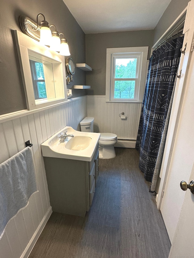 331 Pond Hill Rd, Plainfield, CT 06354 - full bath with a wainscoted wall, wood finished floors, toilet, plenty of natural light, and vanity