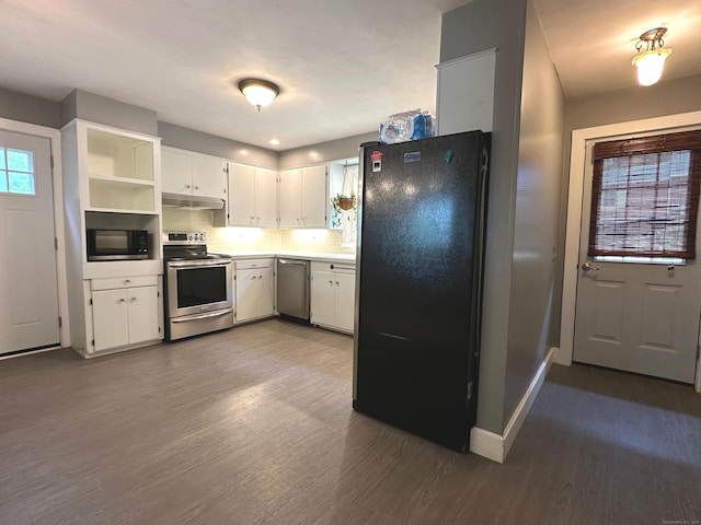 331 Pond Hill Rd, Plainfield, CT 06354 - kitchen featuring black appliances, under cabinet range hood, dark wood-style floors, white cabinets, and light countertops