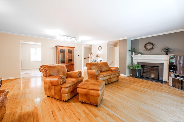 5 Bridgewater Cmn Unit 5, Bridgewater, CT 06752 - living area with crown molding, light wood-style floors, a glass covered fireplace, and baseboards