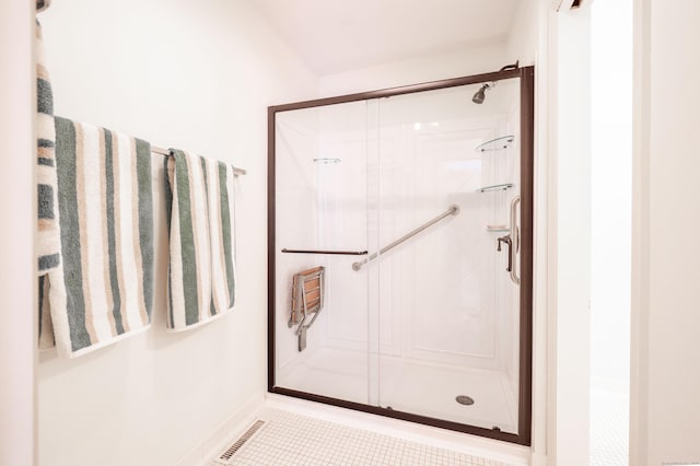5 Bridgewater Cmn Unit 5, Bridgewater, CT 06752 - bathroom with a shower stall, tile patterned floors, and baseboards