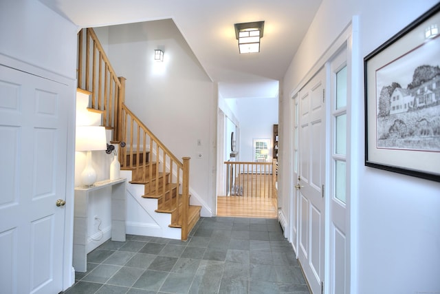 481 Ridgefield Rd, Wilton, CT 06897 - foyer featuring stairs and dark tile patterned flooring