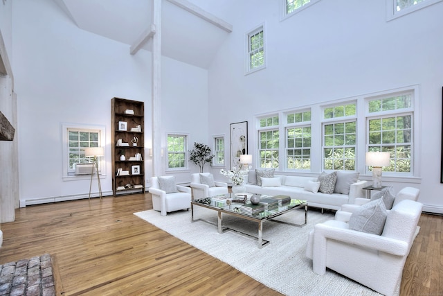 481 Ridgefield Rd, Wilton, CT 06897 - living room with high vaulted ceiling, a baseboard radiator, and wood finished floors