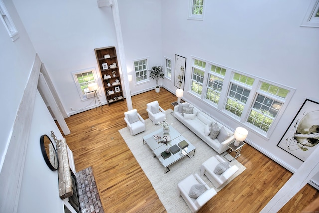 481 Ridgefield Rd, Wilton, CT 06897 - living area featuring a towering ceiling, wood finished floors, a baseboard radiator, and baseboards